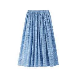 無印良品 MUJI 女式 雕版印染 抽褶裙 长半身裙 BE201A6S 蓝色图案 S (155/62A)