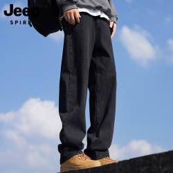 JEEP SPIRIT JEEPSPIRIT吉普男士黑色牛仔裤春夏季男款宽松直筒长裤潮牌裤子男
