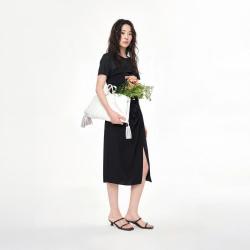 三彩 26夏季拼接圆领开叉中长裙短袖连衣裙女