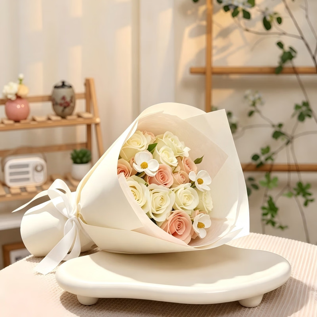 京东鲜花 七夕白粉玫瑰混搭花束