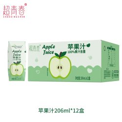超青春 苹果汁206ml*12盒饮品果蔬汁学生喝100%果汁含量饮料整箱