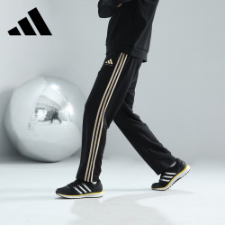 adidas 长裤男女春季宽松透气直筒裤跑步运动防风休闲裤  黑金