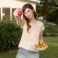 三彩 26夏秋新款多巴胺针织衫小翻领短袖毛衫修身短款女F