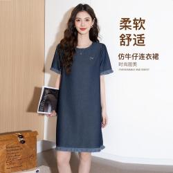真维斯 复古仿牛仔花边拼接短袖连衣裙女宽松直筒显瘦舒适甜美减龄连衣裙