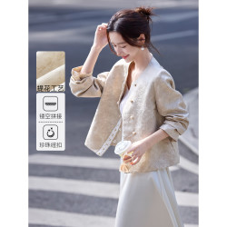 尚静 新中式国风外套女2026秋季新款小香风拼接提花设计轻奢高级感上衣