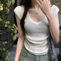 限尺码：莫代尔 纯欲风V领针织短袖t恤女夏季新款修身收腰设计感辣妹正肩短袖