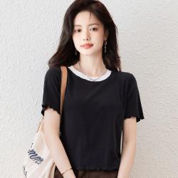 真维斯 夏季热销撞色花边短袖女正肩显瘦短款女士t恤舒适弹力T恤女上衣