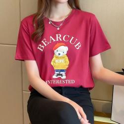 JSW//JEANS JSW JEANS 纯棉圆领短袖T恤女夏季时尚小熊印花宽松休闲百搭上衣