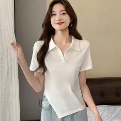 真维斯 夏季不规则Polo领短袖女气质显瘦女士t恤纯色简约透气上衣女
