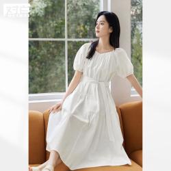 DUIBAI 夏装优雅方领泡泡袖连衣裙法式通勤腰带显瘦女式A字长裙