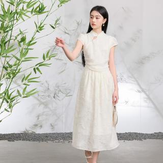 三彩 不染烟霞剪花立领短袖A字连衣裙