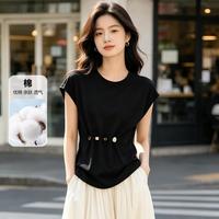 晚白 高级感圆领短袖女2026夏新款串珠收腰不规则下摆T恤