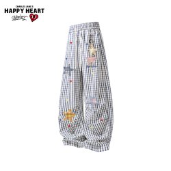 CHARLES JANG'S HAPPY HEART 拼色格子星星裤子男春秋夏季宽松直筒直筒垂感休闲长裤