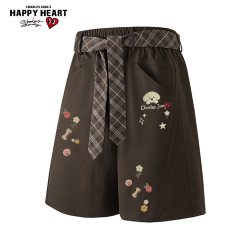 CHARLES JANG'S HAPPY HEART 美式涂鸦复古格纹腰带休闲短裤男女夏季宽松直筒五分裤