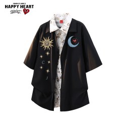 CHARLES JANG'S HAPPY HEART 美式日月印花假两件短袖衬衫男夏季拼接翻领衬衣外套