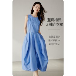晚白 2026夏季新款时尚简约圆领棉质花苞裙子收腰带口袋无袖连衣裙