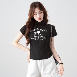 真维斯 韩系简约印花设计半高领短袖T恤女修身显瘦短款上衣