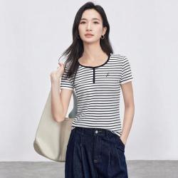 真维斯 夏季女款简约休闲舒适百搭短袖T恤撞色条纹知性通勤圆领上衣