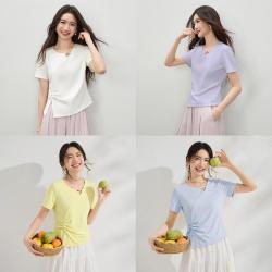 尚都比拉 2026夏季优雅通勤串珠捏褶短袖开叉显瘦上衣
