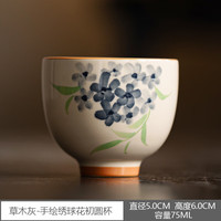 草木灰釉手绘绣球花茶杯