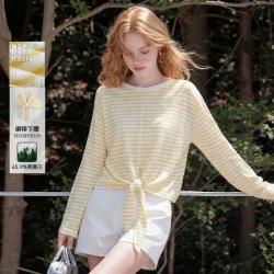 西遇 夏季条纹绑带下摆T恤女轻薄微透软糯显瘦莱赛尔天丝休闲遮阳上衣
