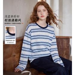西遇 圆领条纹韩系慵懒松弛感长袖T恤上衣女夏季遮阳宽松上衣百搭女