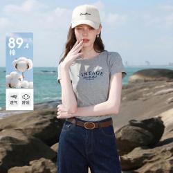 西遇 美式复古2026夏圆领字母印花净色短袖T恤上衣女
