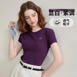 西遇 德芙棉复古辣妹刺绣短袖T恤女2026夏短款高弹修身透气上衣