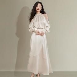 西遇 轻奢温柔挂脖两件套女清凉夏季露肩缎面衬衫搭垂感半裙套装