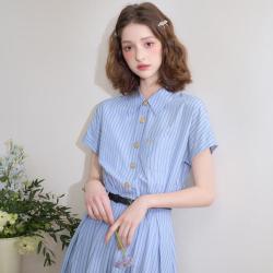 西遇 复古英伦风条纹文艺感翻领衬衫裙女2025夏季学院风连衣裙