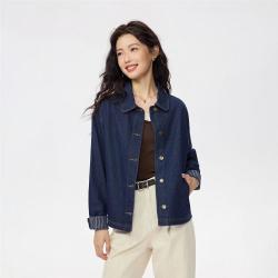 佐丹奴 26秋季新款时尚条纹内里翻领牛仔夹克率性减龄宽松牛仔外套女款