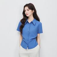 茵曼 纯棉极简通勤风翻领衬衫女2026夏季时尚抽褶收腰显瘦短袖衬衣