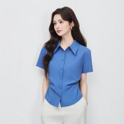 茵曼 纯棉极简通勤风翻领衬衫女2026夏季时尚抽褶收腰显瘦短袖衬衣