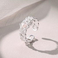 DESIGN CIRCLES 周大生DC织光纯银珍珠戒指复古开口蕾丝四叶草指环七夕礼物送女友