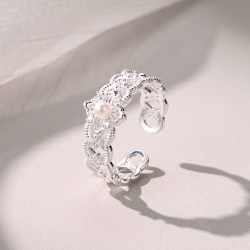 DESIGN CIRCLES 周大生DC织光纯银珍珠戒指复古开口蕾丝四叶草指环七夕礼物送女友