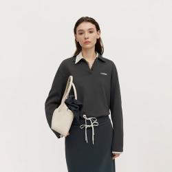 欧时力 秋装 绣花高级100%棉Polo领长袖t恤女
