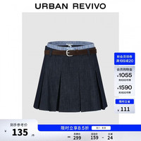 UR UR2026夏季新款女装都市拼接格纹百褶超短牛仔半裙UYU860080