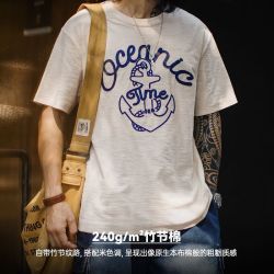 马登 工装美式复古船锚刺绣T恤白色重磅竹节棉螺纹领口短袖男夏季 米白色 M