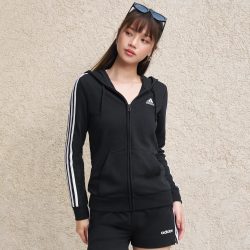 adidas 休闲舒适三条纹毛圈布连帽夹克外套女装春秋adidas阿迪达斯轻运动