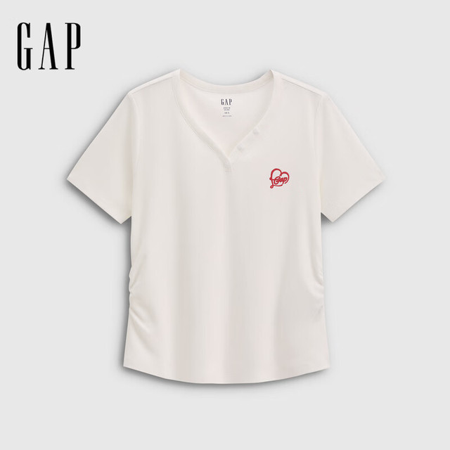 Gap 女装早秋纯棉logo刺绣V领爱心捏褶短袖上衣858936 白色 M (165/88A)亚洲尺码