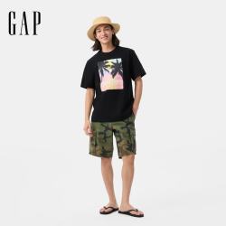 Gap 男女装夏季款竹节棉海岛印花圆领短袖T恤宽松上衣729117 黑色 S (165/88A) 亚洲尺码