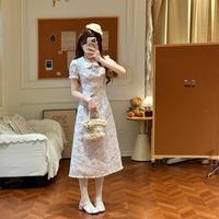 织物猪 法式甜美碎花连衣裙女夏娃娃领收腰显瘦长裙高端刺绣a字裙