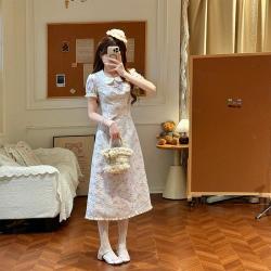 织物猪 法式甜美碎花连衣裙女夏娃娃领收腰显瘦长裙高端刺绣a字裙