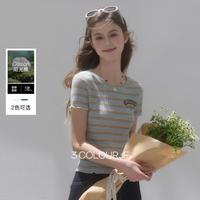 三彩 复古条纹圆领短袖T恤短款修身套头小个子薄款F
