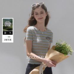 三彩 复古条纹圆领短袖T恤短款修身套头小个子薄款F
