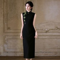 红舍 无袖黑色刺绣旗袍女新中式2026新款复古民国风年轻款少女修身显瘦