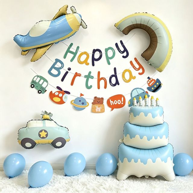 寻年味 儿童生日气球布置汽车飞机拉旗蛋糕铝膜气球男孩子三周岁派对装饰
