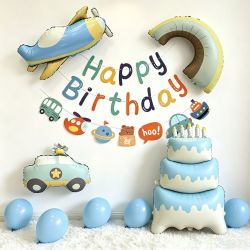 寻年味 男孩周岁生日布置汽车飞机蛋糕铝膜气球拉旗宝宝生日派对氛围装饰