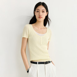 LILY 2026夏新款莱赛尔亚麻混纺含醋酸假两件修身短袖针织衫女短款