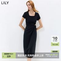 LILY 莱赛尔混纺方领不对称收腰气质纯色短袖连衣裙